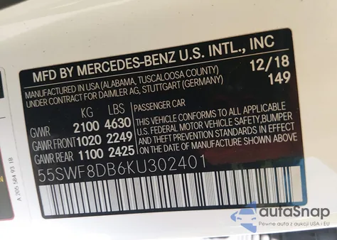 2019 Mercedes-Benz C 300 from USA, damaged, VIN 55SWF8DB6KU302401